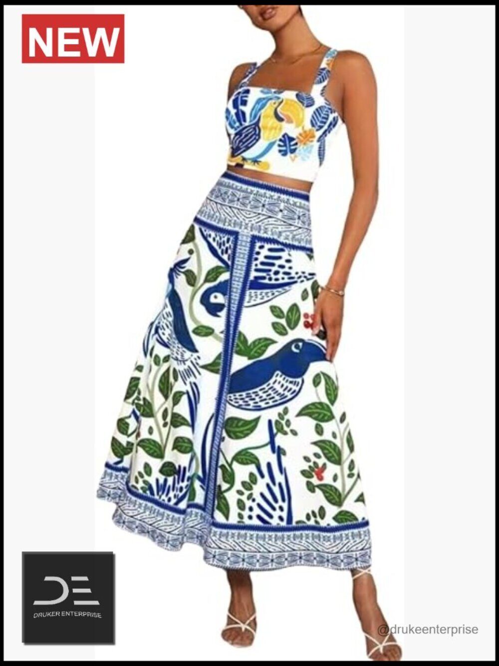Tropical Floral Print Crop Top and A-Line Maxi Skirt 2 Piece Set